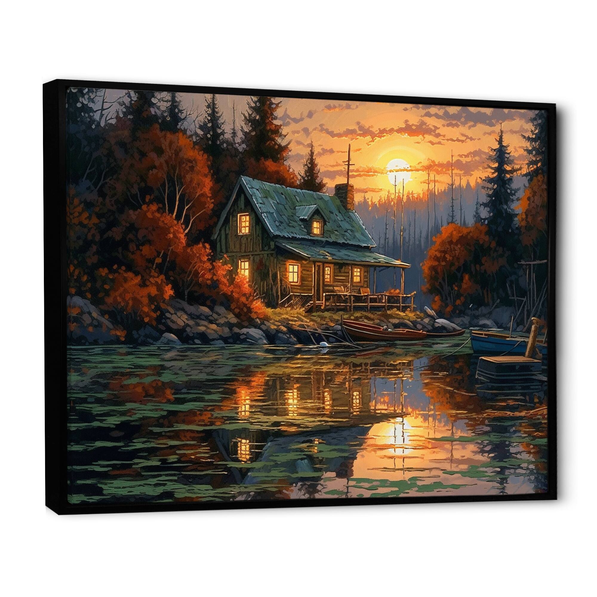 Designart "Autumn Sunset Cottage I" Cottage Landscape Framed Wall Art